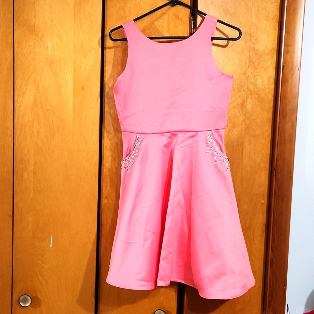 Girls pink bejeweled dress with pockets size 16